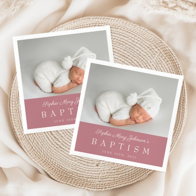 Elegant Dusty Pink Script Photo Baptism Napkin (Elegant Dusty Pink Script Photo Baptism Napkins)