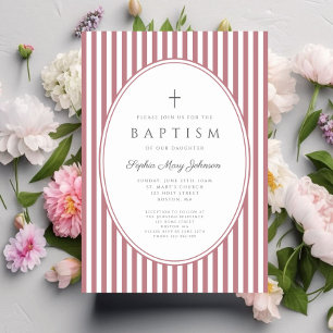 Elegant Dusty Pink Stripes Girl Baptism Invitation