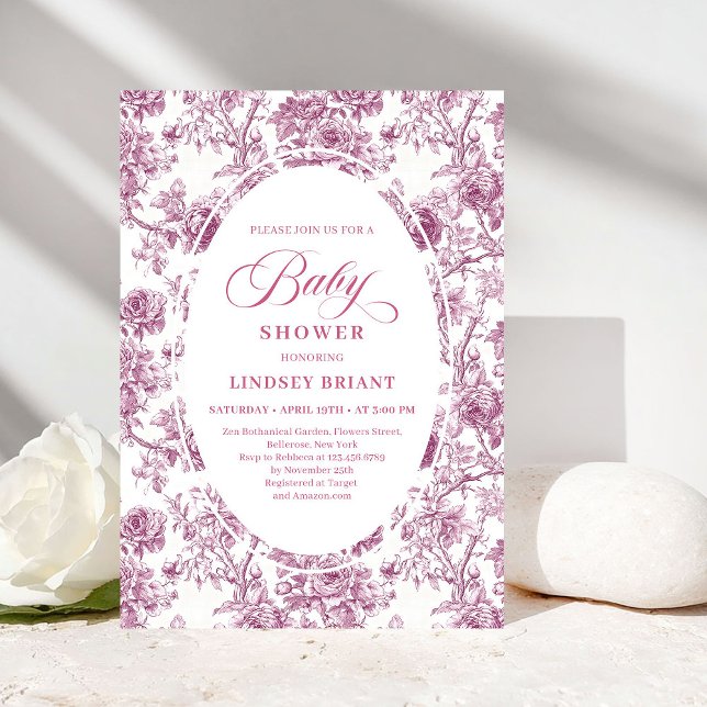 Elegant Dusty Pink Toile Roses Baby Shower Invitе Invitation (Elegant Dusty Pink Toile Roses Baby Shower Invitation)