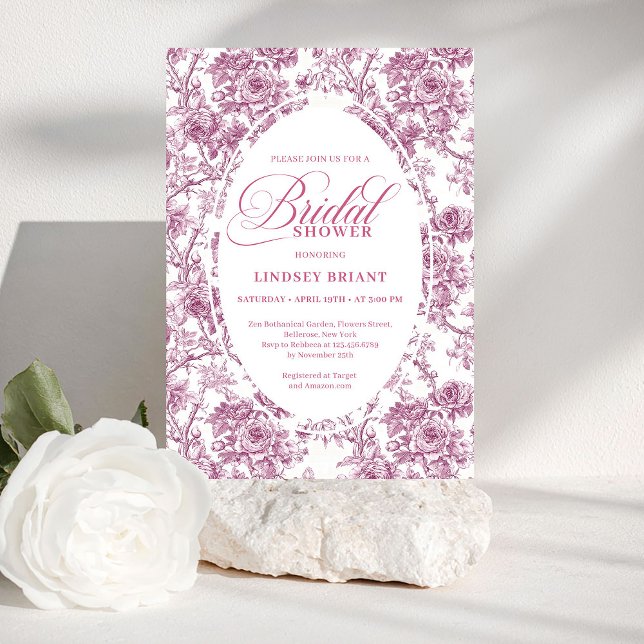 Elegant Dusty Pink Toile Roses Bridal Shower Invit Invitation (Elegant Dusty Pink Toile Roses Bridal Shower Invite)