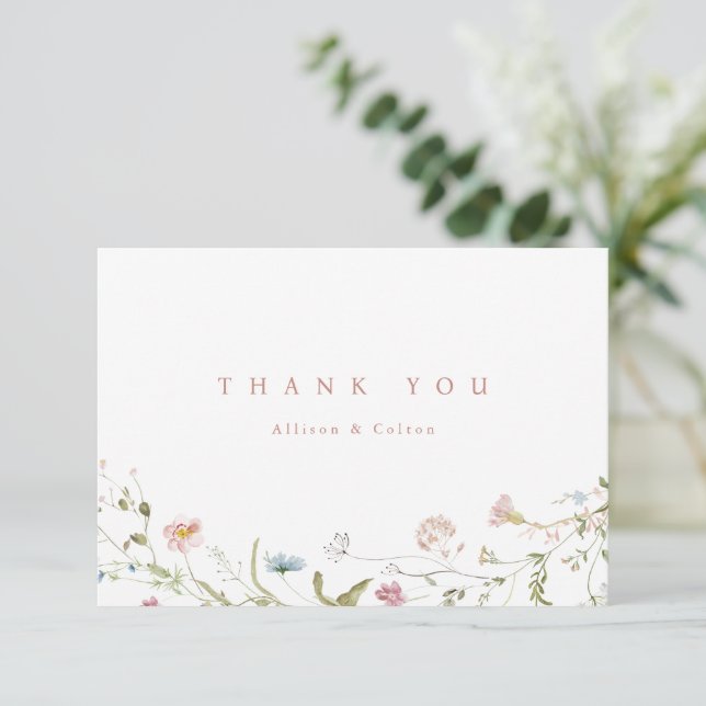 Elegant Dusty Pink Wildflower Rustic Boho Wedding Thank You Card (Standing Front)