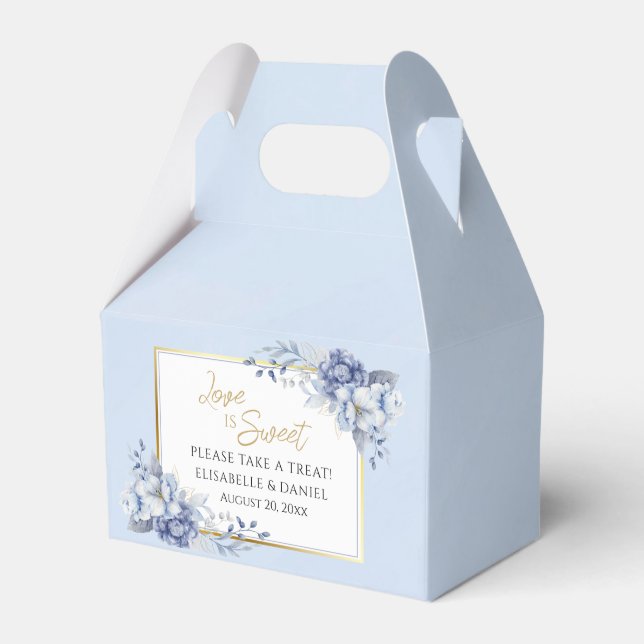 Elegant Dusty Powder Blue and Gold Floral Wedding Favour Box (Front Side)