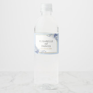 Elegant Dusty Powder Blue and Gold Floral Wedding Water Bottle Label