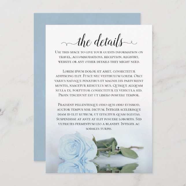 Elegant Dusty Powder Blue Rose Wedding Details Enclosure Card (Front/Back)