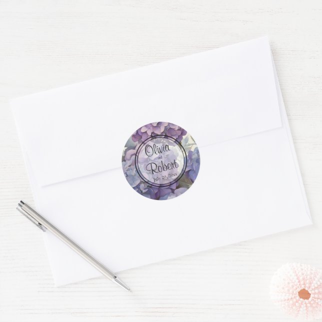Elegant dusty purple blue watercolor hydrangeas  classic round sticker (Envelope)