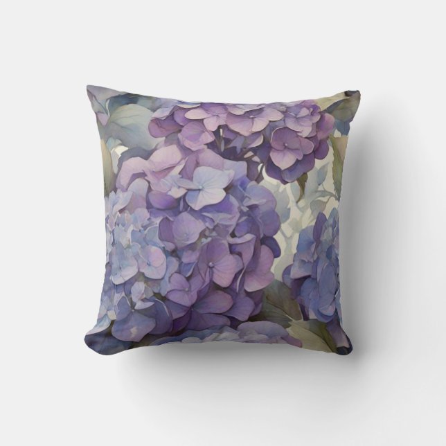 Elegant dusty purple blue watercolor hydrangeas  cushion (Front)