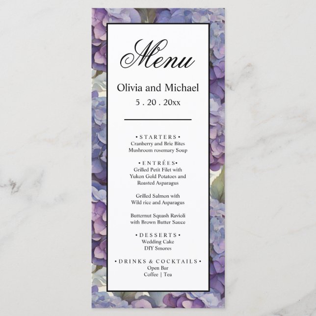 Elegant dusty purple blue watercolor hydrangeas  menu (Front)