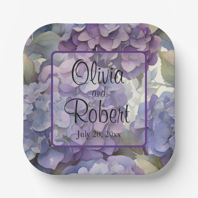 Elegant dusty purple blue watercolor hydrangeas  paper plate (Front)