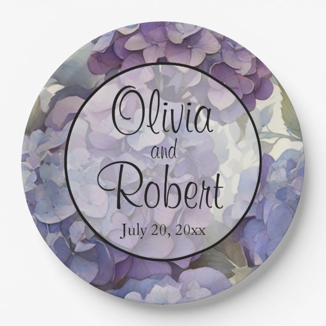 Elegant dusty purple blue watercolor hydrangeas  paper plate (Front)