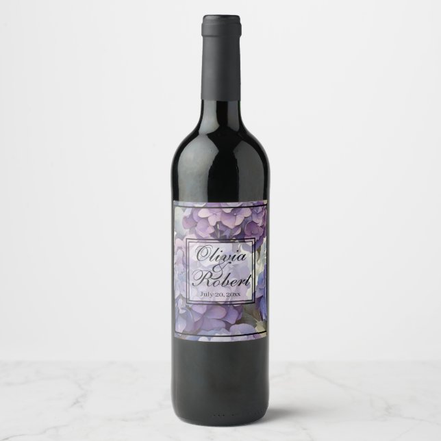 Elegant dusty purple blue watercolor hydrangeas  wine label (Front)