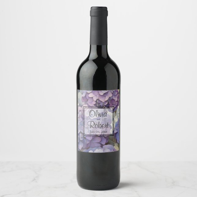 Elegant dusty purple blue watercolor hydrangeas  wine label (Front)