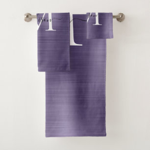 Elegant Dusty Purple Brushed Metal Monogram Script Bath Towel Set