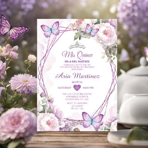 Elegant Dusty Purple Floral Butterfly Mis Quince Invitation
