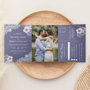 Elegant Dusty Purple Floral Lace Wedding Photo Tri-Fold Invitation