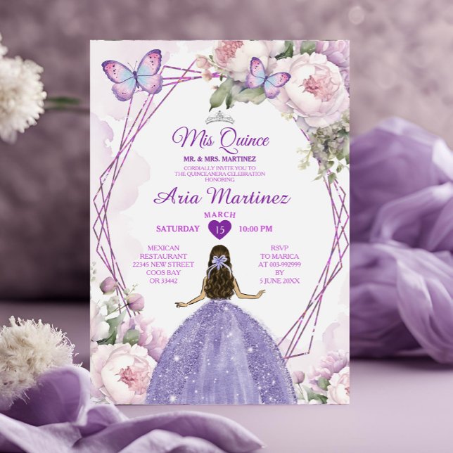 Elegant Dusty Purple Princess Butterfly Mis Quince Invitation (Creator Uploaded)