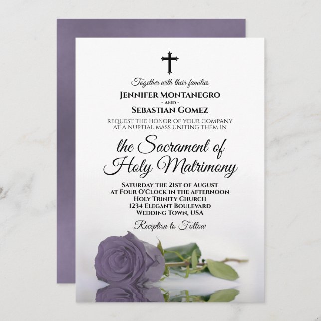 Elegant Dusty Purple Rose Modern Catholic Wedding Invitation (Front/Back)