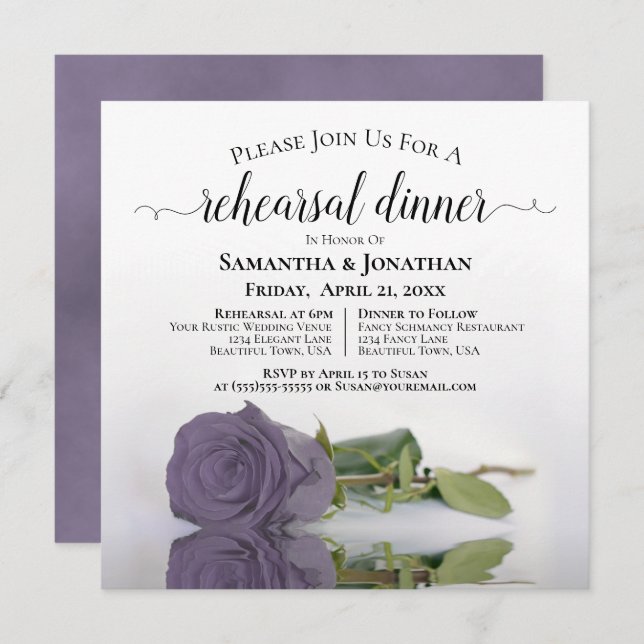 Elegant Dusty Purple Rose Wedding Rehearsal Dinner Invitation (Front/Back)