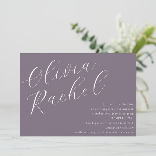 Elegant Dusty Purple Script Minimal Bat Mitzvah Invitation (Standing Front)