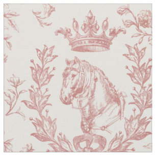 Elegant Dusty Red Horse Crown Floral Toile Fabric