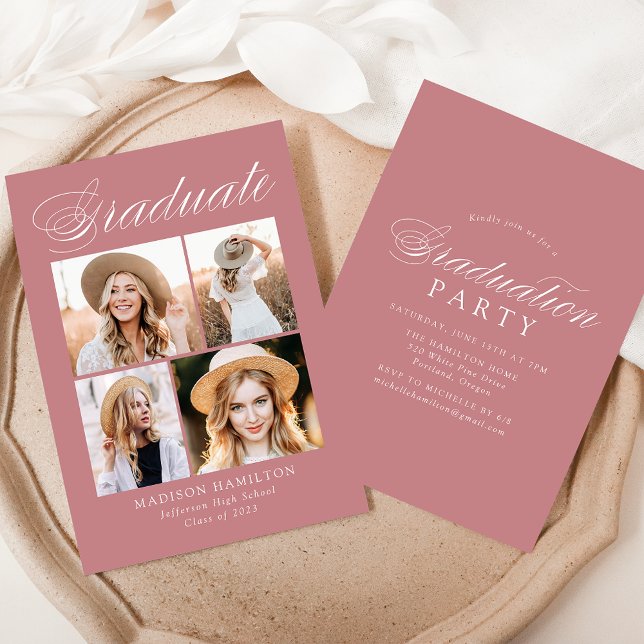 Elegant Dusty Rose 4 Photo Graduation Party Invitation (Creator Uploaded)