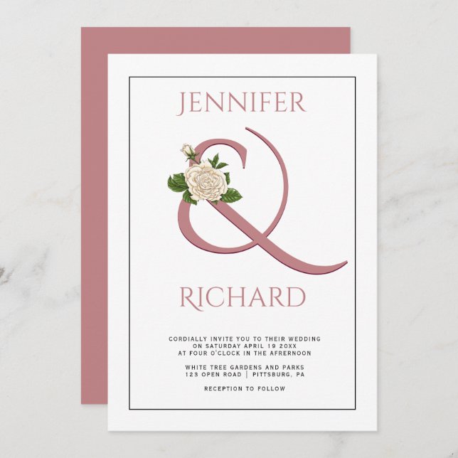 Elegant dusty rose ampersand, white rose wedding invitation (Front/Back)