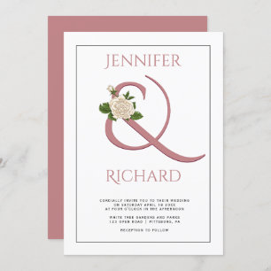Elegant dusty rose ampersand, white rose wedding invitation
