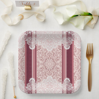 Elegant Dusty Rose and White Lace Wedding Paper Plate