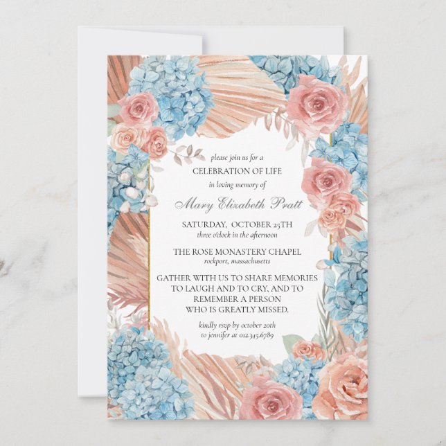 Elegant Dusty Rose Blue Hydrangea Summer Funeral Invitation (Front)