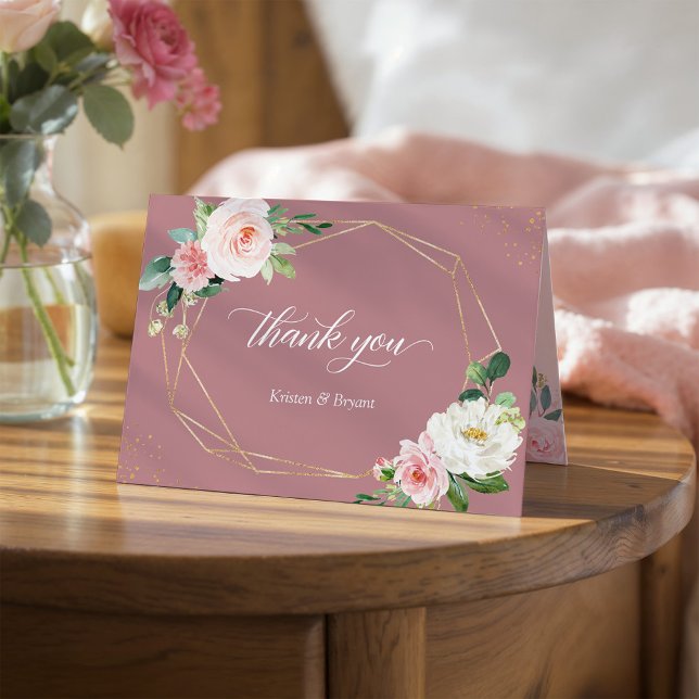 Elegant Dusty Rose Blush Floral Geometric Frame Thank You Card (Creator Uploaded)