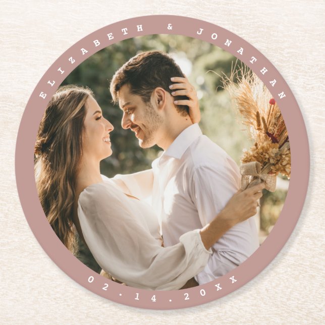 Elegant Dusty Rose Blush Neutral Wedding Photo Round Paper Coaster (Front)
