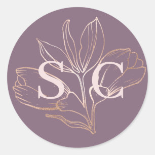 Elegant Dusty Rose Botancial Monogram Wedding Classic Round Sticker