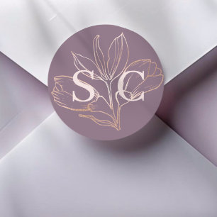 Elegant Dusty Rose Botancial Monogram Wedding Classic Round Sticker