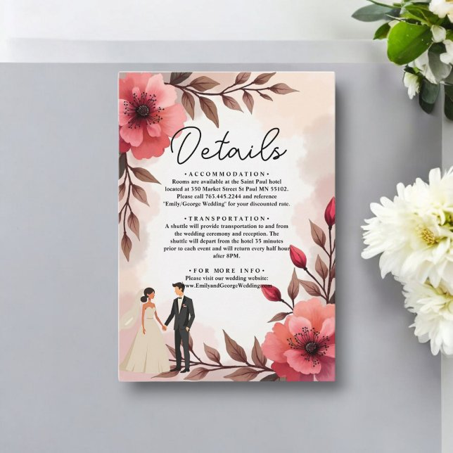 Elegant Dusty Rose Bride And Groom Floral Wedding Enclosure Card (Creator Uploaded)