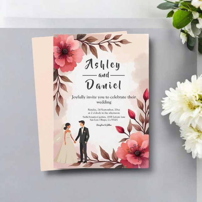 Elegant Dusty Rose Bride And Groom Floral Wedding Invitation (Creator Uploaded)