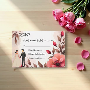 Elegant Dusty Rose Bride And Groom Floral Wedding RSVP Card