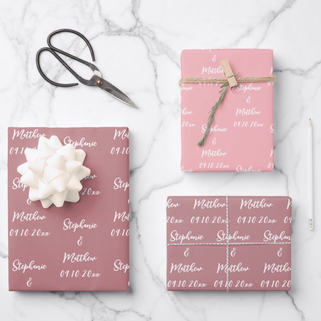 Elegant Dusty Rose Bride Groom Names Weddings Wrapping Paper Sheet (Front)