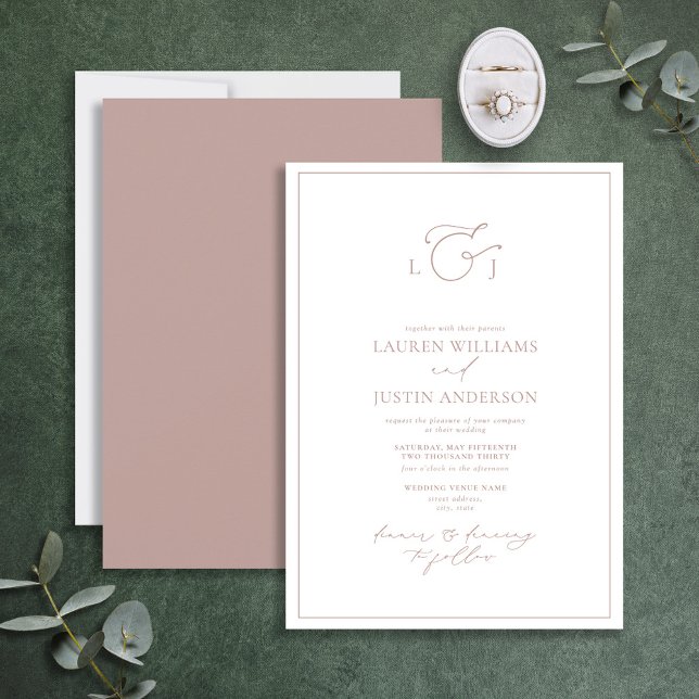 Elegant Dusty Rose Calligraphy Monogram Wedding Invitation (Creator Uploaded)