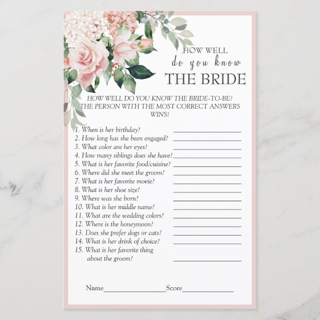 Elegant Dusty Rose Floral Bridal Shower Game (Front)