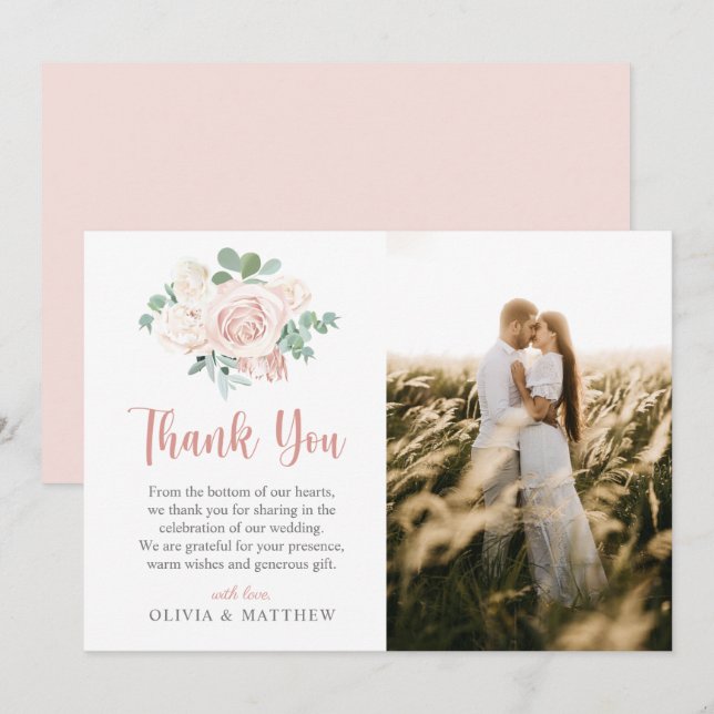 Elegant Dusty Rose Floral Eucalyptus Wedding Photo Thank You Card (Front/Back)