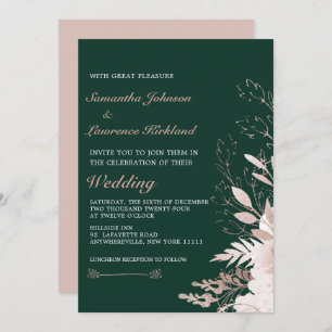 Elegant Dusty Rose Floral Forest Green Wedding Invitation