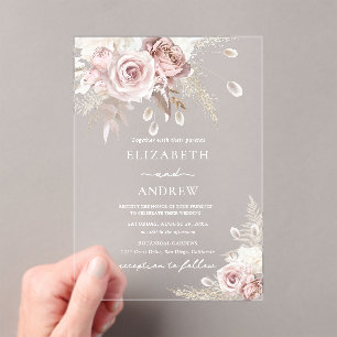 Elegant Dusty Rose Floral Wedding Acrylic Invitations