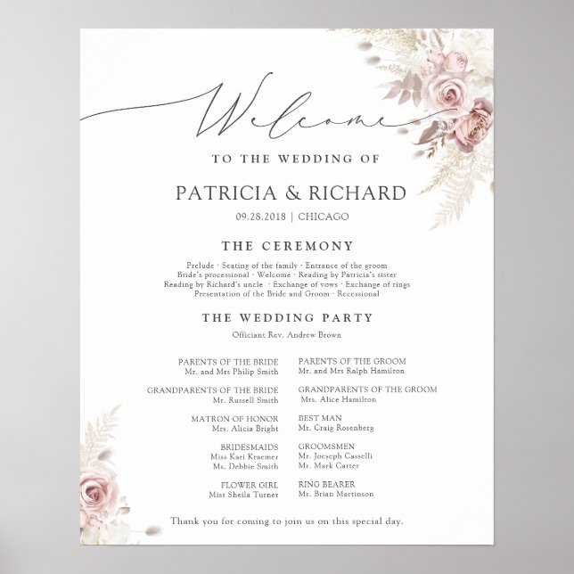 Elegant Dusty Rose Floral Wedding Ceremony Program Poster (Front)