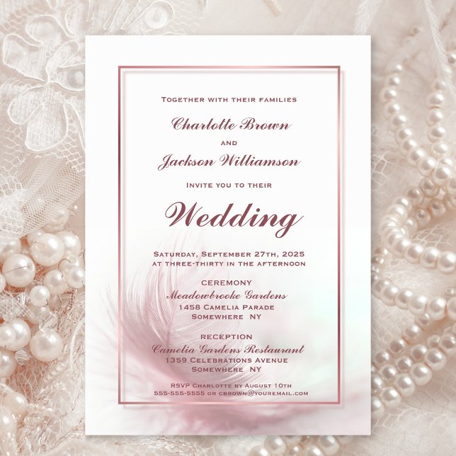 Elegant Dusty Rose Framed Feather Wedding Invitation (Creator Uploaded)