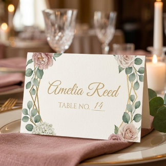 Elegant Dusty Rose Geometric Floral Watercolor  Place Card