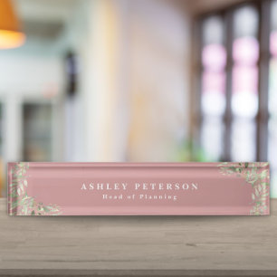 Elegant Dusty Rose Gold Greenery Desk Name Plate