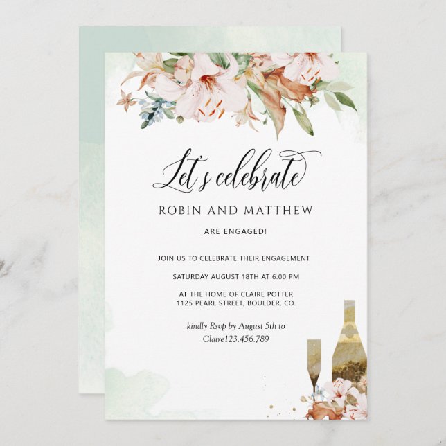Elegant Dusty Rose & Green Floral Let's Celebrate Invitation (Front/Back)