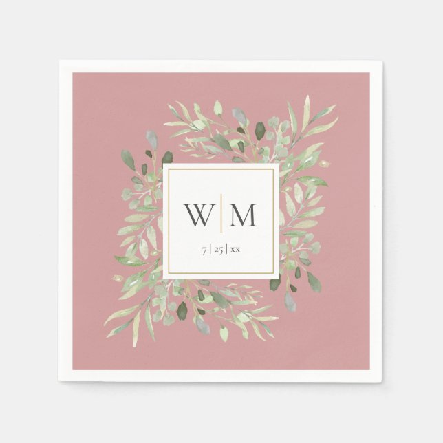 Elegant Dusty Rose Greenery Gold Monogram Napkin (Front)
