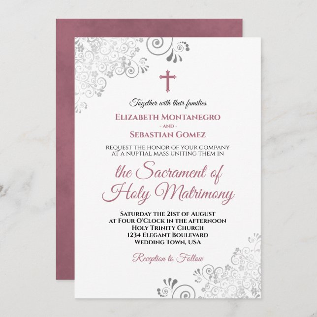 Elegant Dusty Rose & Grey Modern Catholic Wedding Invitation (Front/Back)