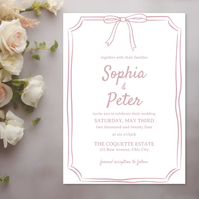 Elegant Dusty Rose Hand-Drawn Bow Timeless Wedding Invitation (Graceful and timeless, this dusty rose wedding invitation brings a touch of elegance to your wedding)