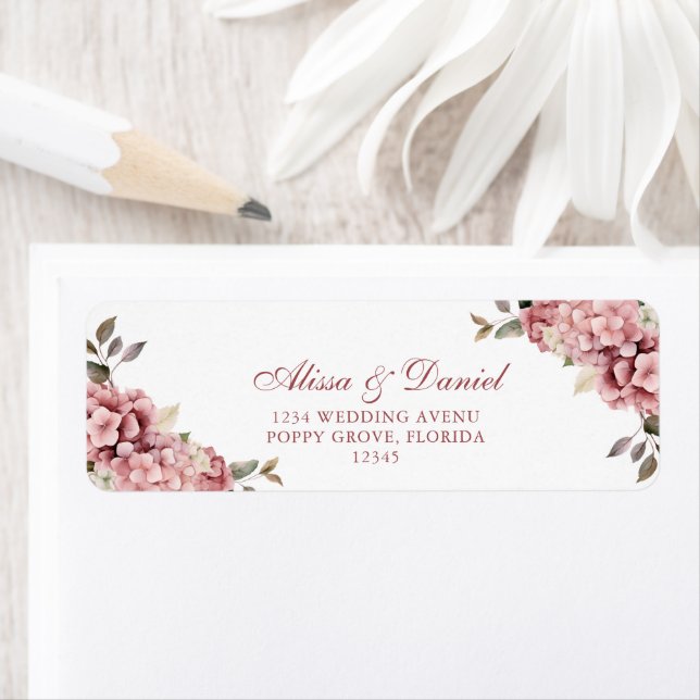 Elegant Dusty Rose Hydrangea Wedding Address Return Address Label (Insitu)